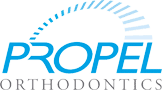 blue and white logo of propel orthodontics