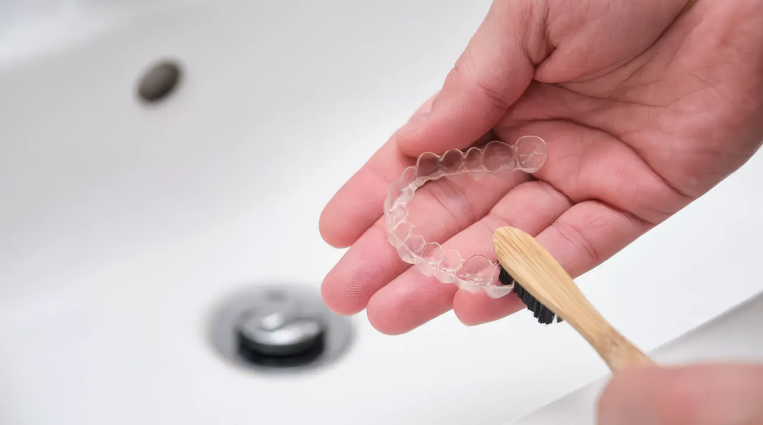 A person cleaning their clear aligner with a tooth brush